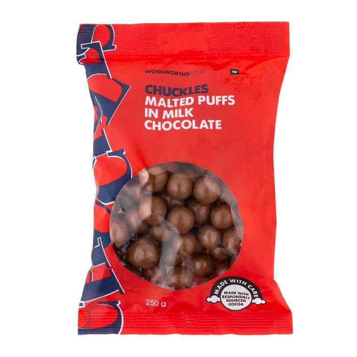 (Expired) Woolworths CHUCKLES® Malted Puffs in Milk Chocolate Bulk Pack, 125g