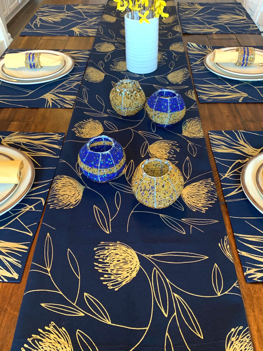 Navy & Gold Pincushion Protea Table Runner