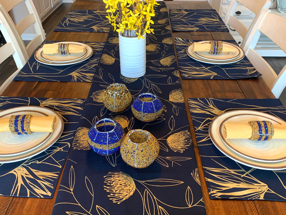 Navy & Gold Pincushion Protea Table Runner