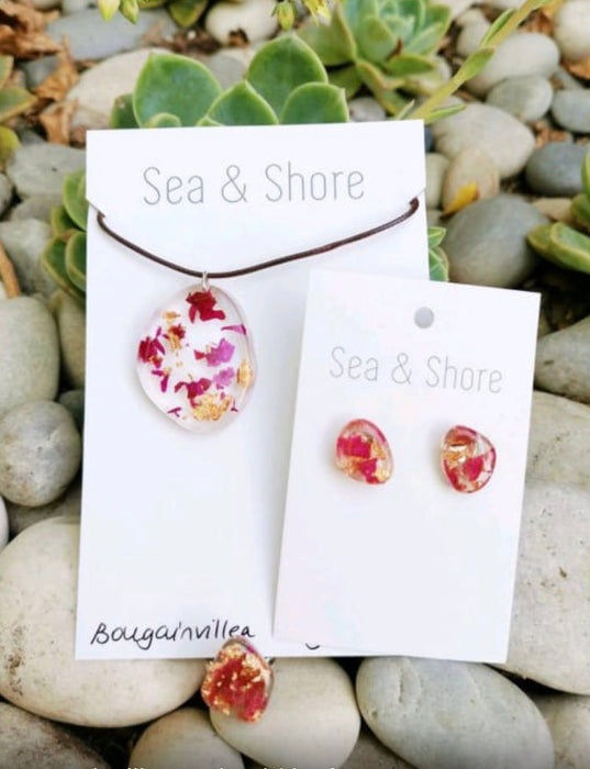 Bogainvillea & Gold Leaf Necklace