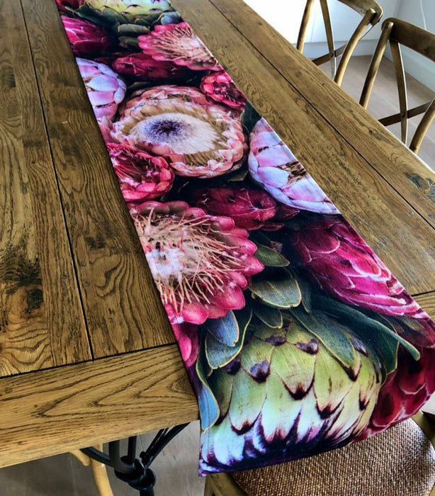 Anna's Pink Protea Linen Table Runner