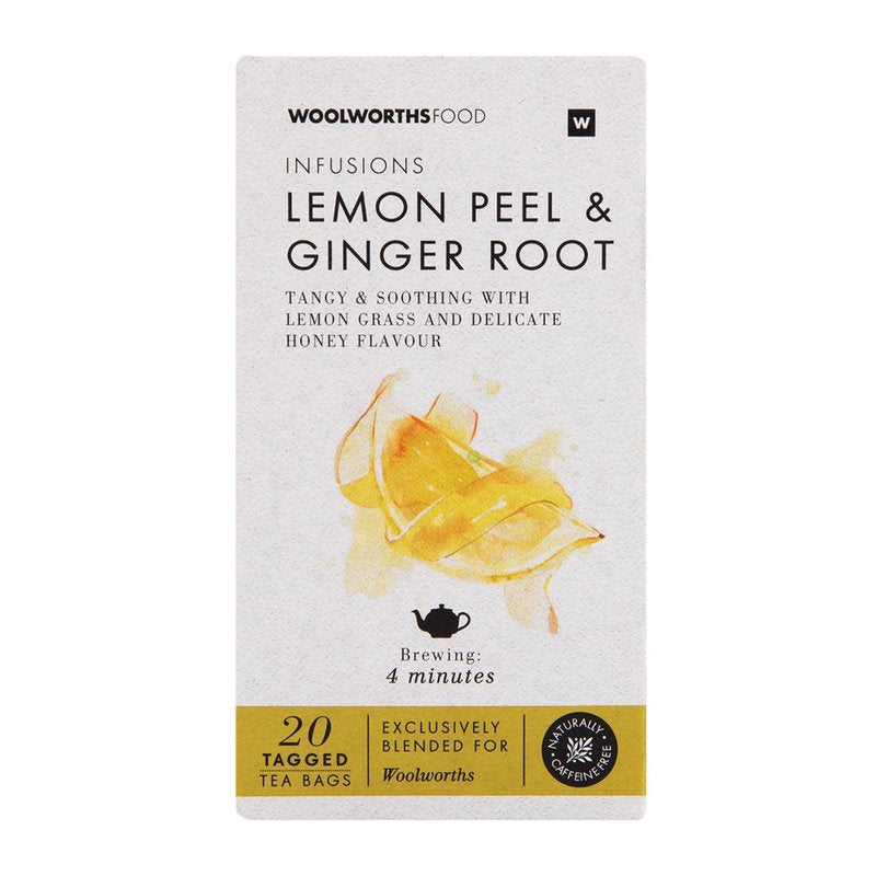 Woolworths Lemon peel & Ginger Root Tea, 20 Pack — Aubergine Foods