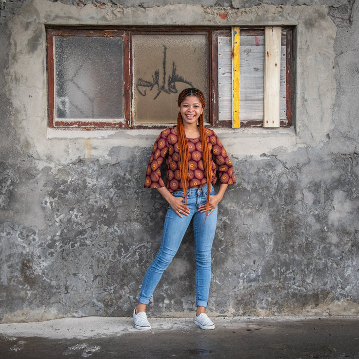 Traditional African Maroon & Orange Ankara Print Blouse