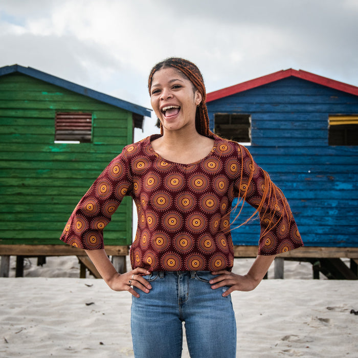 Traditional African Maroon & Orange Ankara Print Blouse