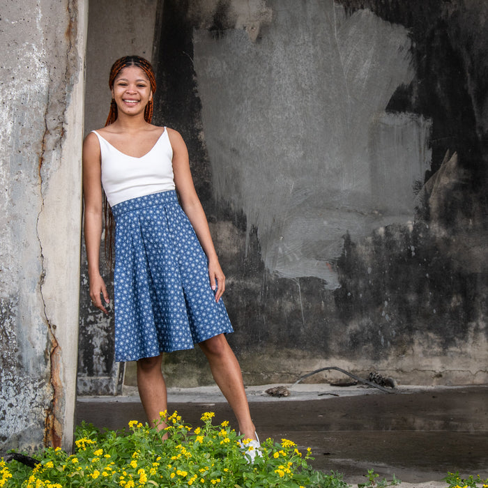 Traditional African Blue Shweshwe Wax Print High Waisted Skirt