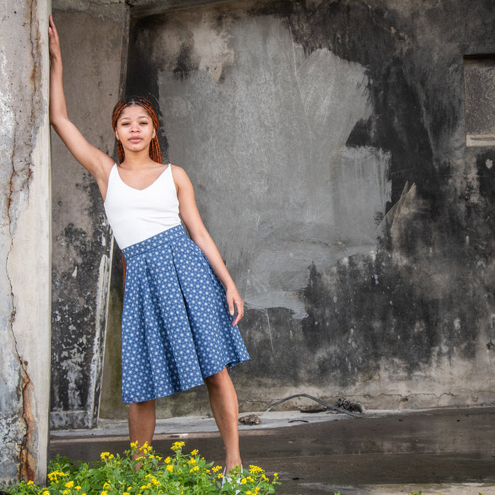 Traditional African Blue Shweshwe Wax Print High Waisted Skirt