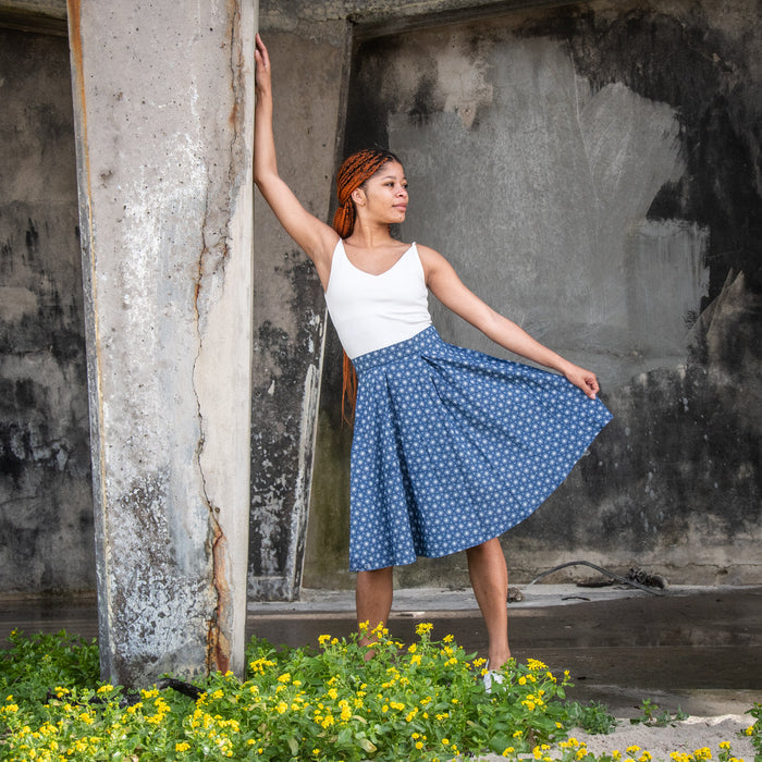 Traditional African Blue Shweshwe Wax Print High Waisted Skirt