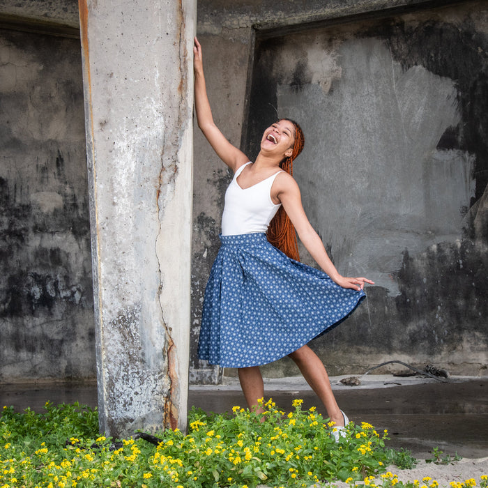 Traditional African Blue Shweshwe Wax Print High Waisted Skirt