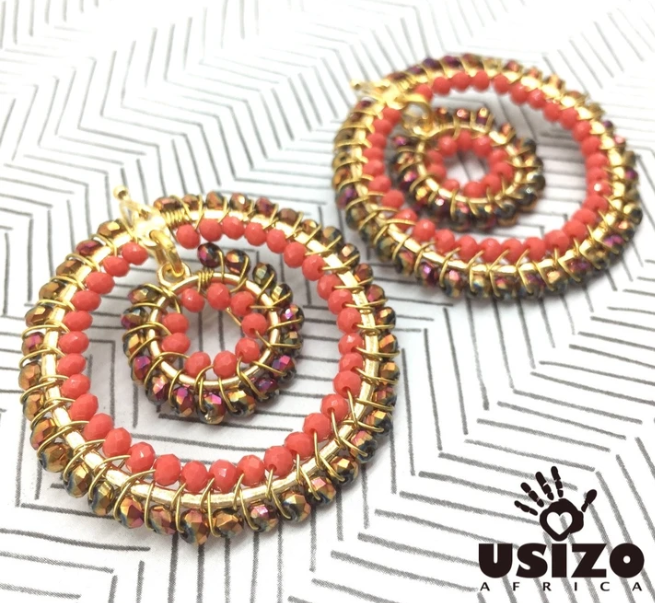 African Large O Double Beaded Earrings - Copper / Coral w/ Gold Fittings