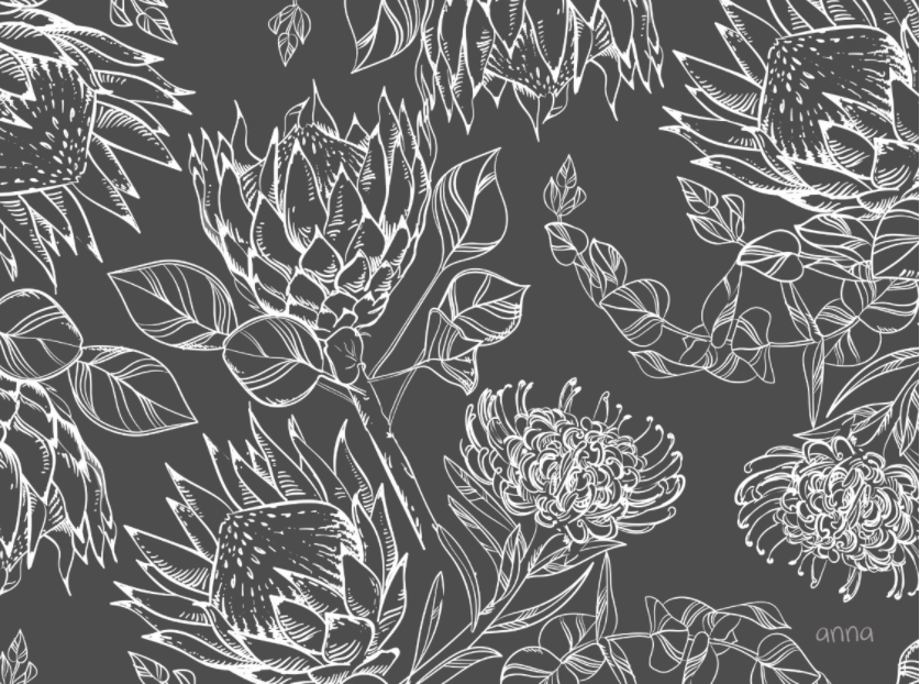 Anna's Protea Sketch Grey Vinyl Placemats (Set of 4)