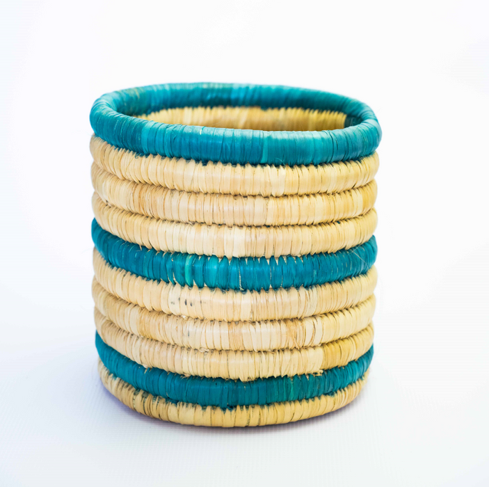 Handwoven Rattan Teal & Natural Baskets
