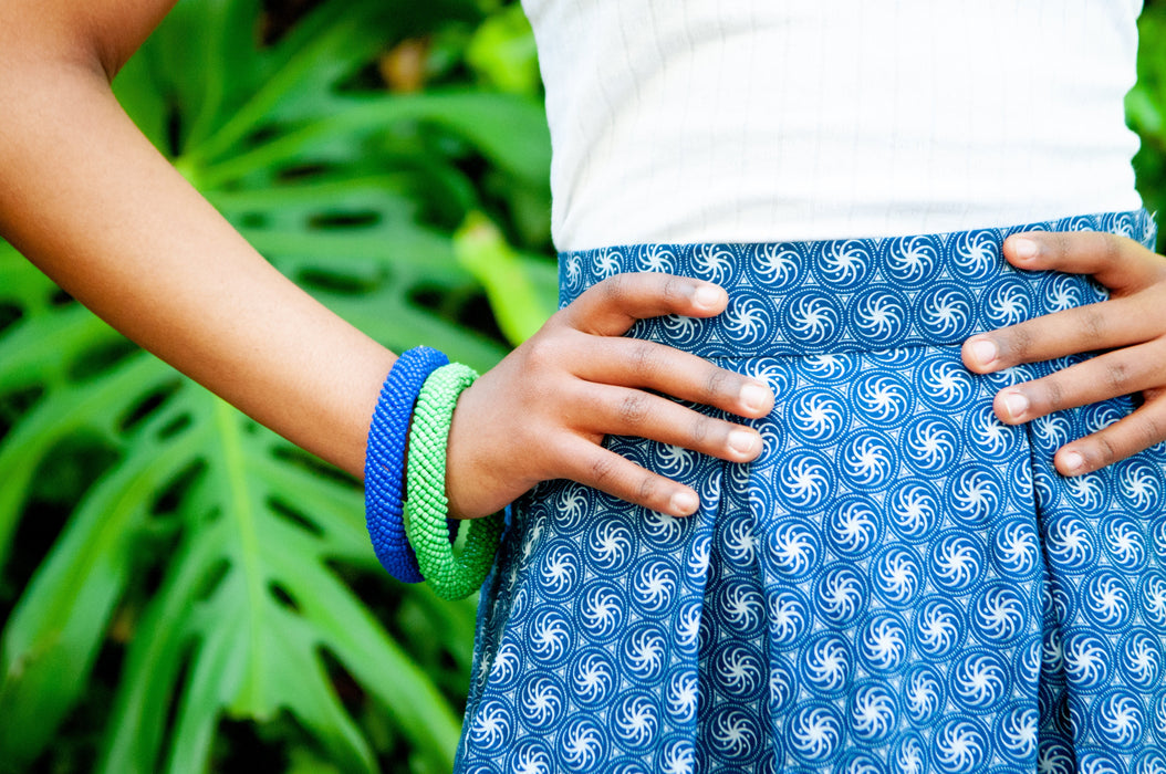 Traditional African Blue Shweshwe Wax Print High Waisted Skirt