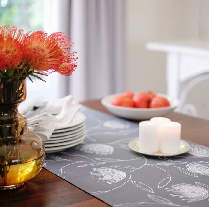 Grey & Neutral Pincushion Protea Table Runner