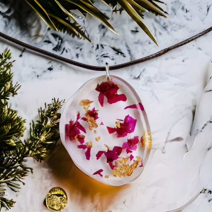 Bogainvillea & Gold Leaf Necklace