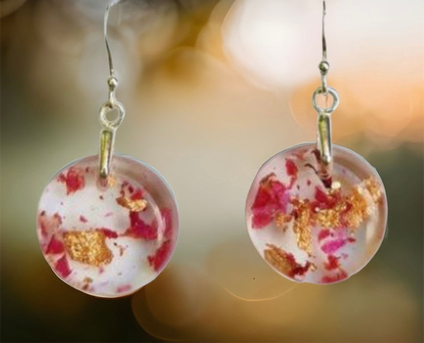 Bogainvillea & Gold Leaf Dangly Earrings