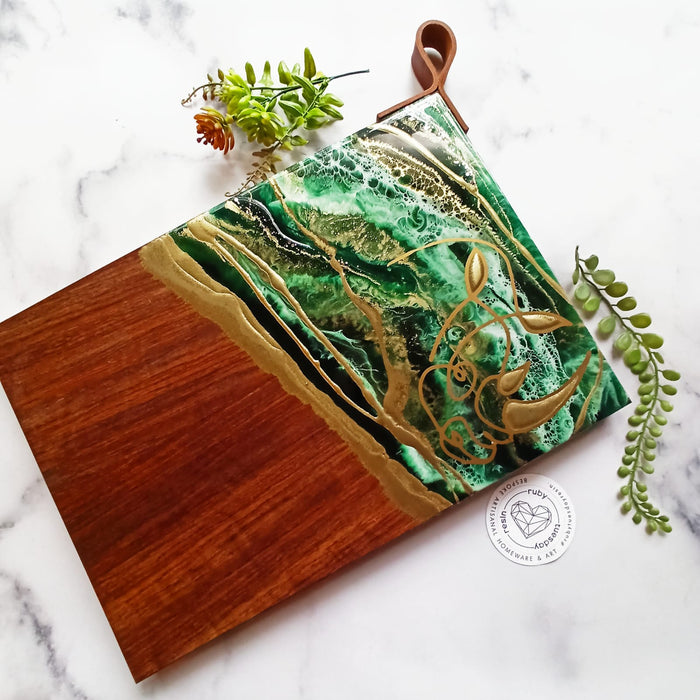 Ruby Tuesday Resin Large Kiaat Wood Rhino Serving Board with Leather Strap