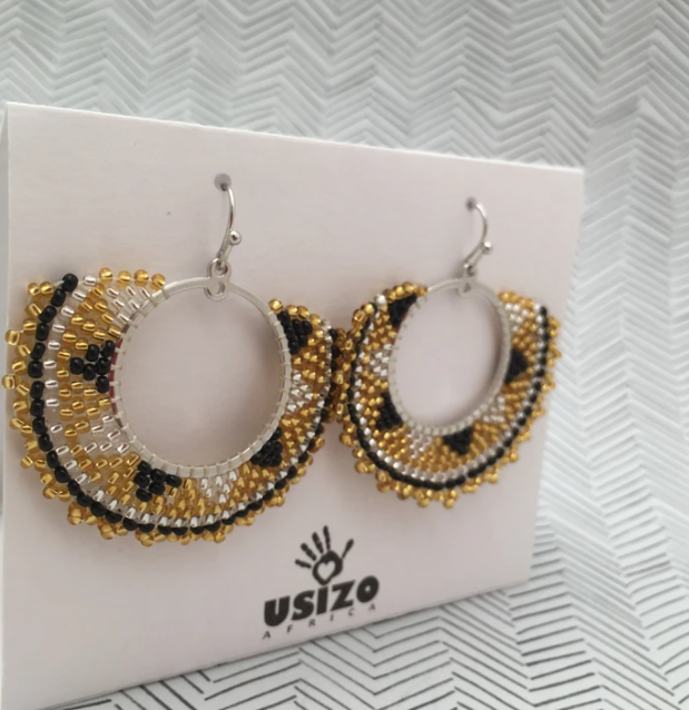 Designer Zulu Black & Gold Beaded Half Round Earrings with Gold Fittings