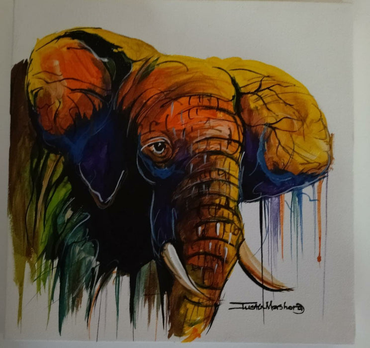 Colorful African Elephant Framed Oil on Canvas Painting