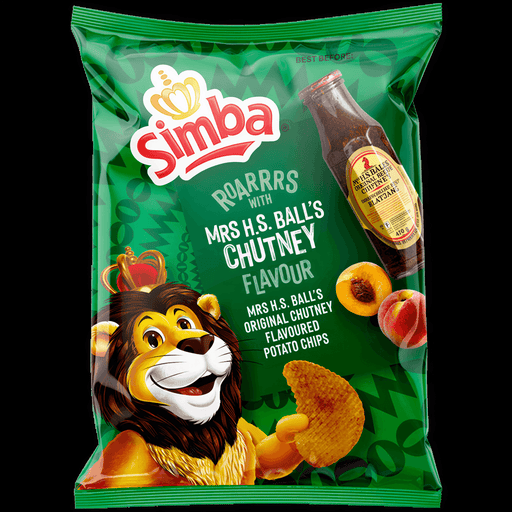 Green plastic bag of Simba Mrs H.S. Ball's Chutney Flavour Potato Chips featuring a lion mascot and a bottle of chutney.